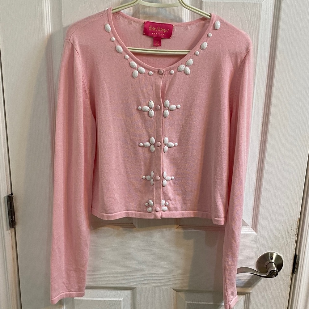 Lilly Pulitzer Jubilee Pink Beaded Cotton Cardigan Size Large Softgirl Kawaii